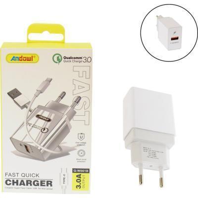 Andowl Φορτιστής με Θύρα USB-A και Καλώδιο Lightning Quick Charge 3.0 Λευκός (Q-W061B)