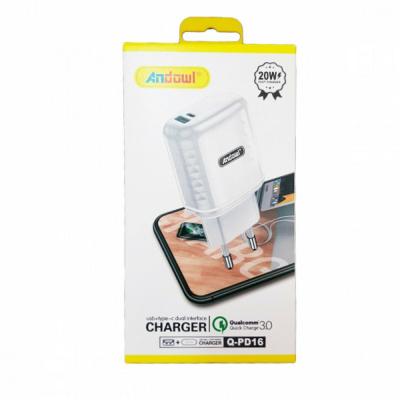 Andowl Φορτιστής Χωρίς Καλώδιο με Θύρα USB-A και Θύρα USB-C 20W Quick Charge 3.0 Λευκός (Q-PD16)