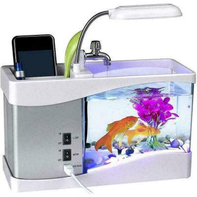 USB Desktop Mini Fish Tank Aquarium With LED Clock Ασημί