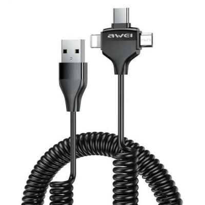 Awei CL-205 Spiral USB to Lightning / Type-C / micro USB Cable 2.4A Μαύρο 1.5m (TS04187)