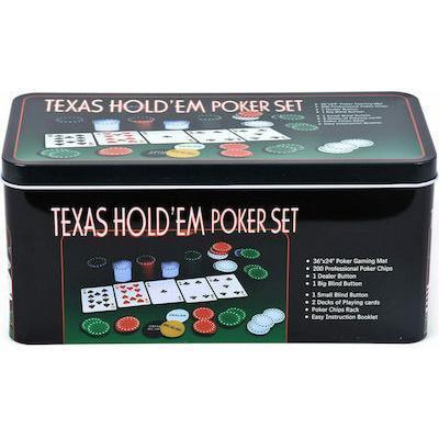 Σετ 200 Αριθμημένες Μάρκες Poker σε Μεταλλικό Κουτί με 2 Τράπουλες και Τσόχα